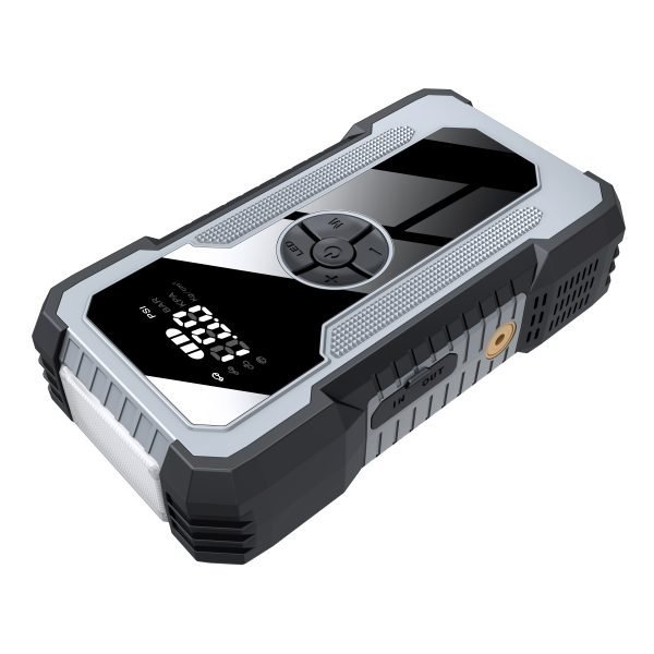 Compact 12V battery jump starter with Tire Inflator and Built-in Air Compressor for Quick Use