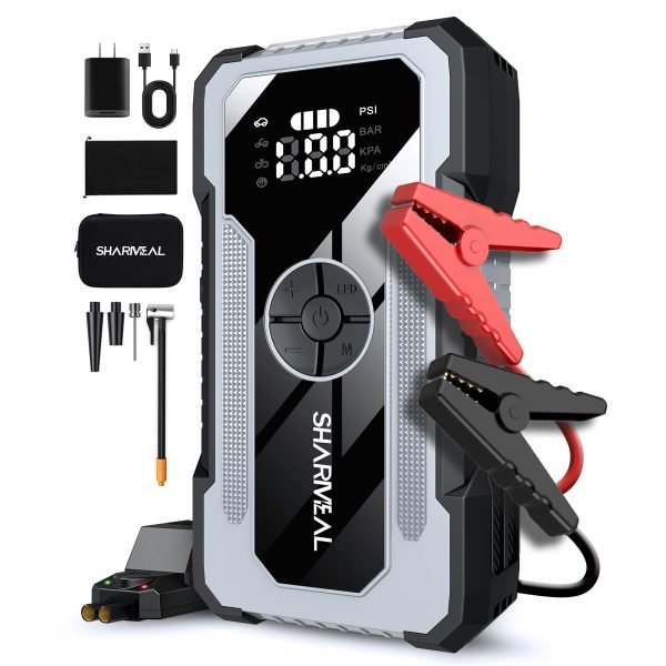 Compact 12V battery jump starter with Tire Inflator and Built-in Air Compressor for Quick Use