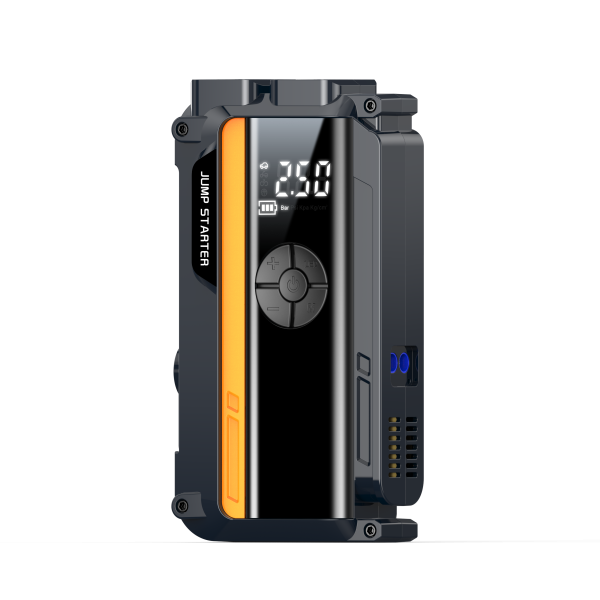 View of a high-capacity car battery jump starter